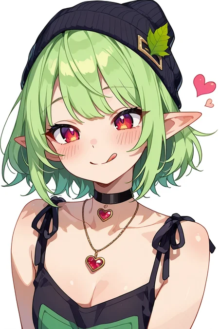 masterpiece, best quality, <lora:Style55IXL_v5:1.0>, 1girl, solo, blush, smile, short hair, simple background, red eyes, hat, white background, jewelry, upper body, heart, green hair, choker, tongue, pointy ears, tongue out, necklace, black headwear, leaf, black choker, :q, beanie