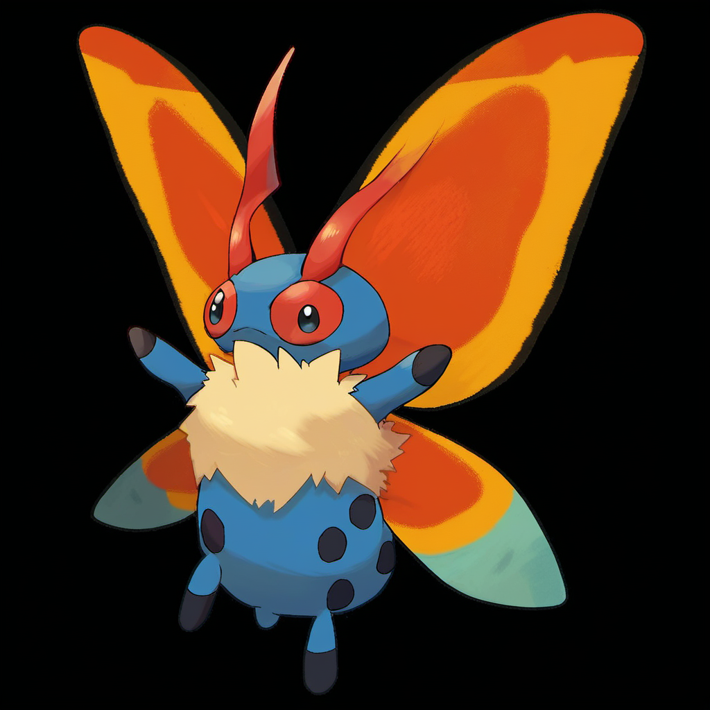 source_furry, rating_safe,  <lora:pokemon_pony_xl:0.8>, Type: Bug, Type: Fire, Egg Group: Bug, is a large, moth-like Pokémon with four small feet, It appears to have compound eyes that are two shades of blue, and there is a red horn-like structure on each side of its face, The fuzz on its upper body is smoky white and tangled, Its abdomen is black in the center and light blue with black dots on the outside, It has six leaf-like wings that are orange in color and have small black spots, score_9, score_8_up, score_7_up, score_6_up, score_5_up, score_4_up
