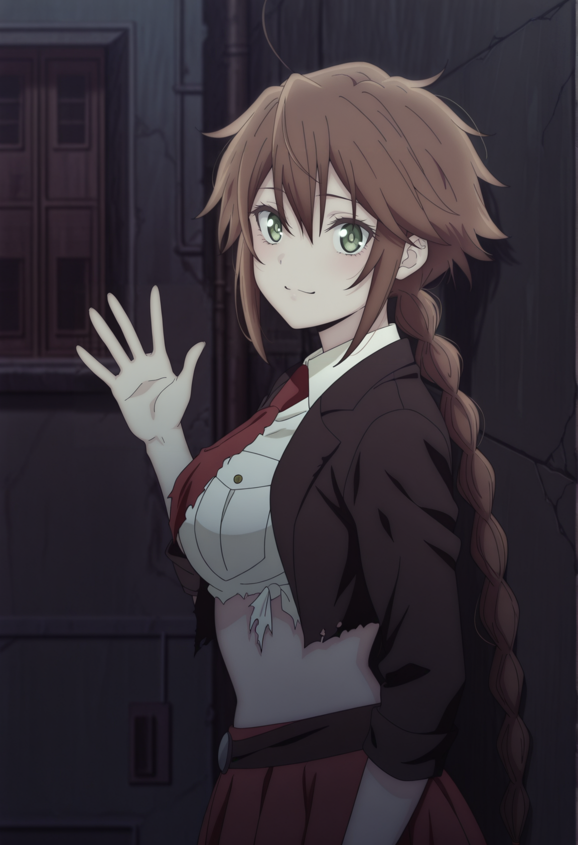 anime screencap, anime coloring, outdoors, alley, waving, resting on wall, looking at viewer, 1girl, brown hair, long hair, braid, green eyes, torn clothes, white shirt, cropped jacket, necktie, red skirt, belt, 
 <lora:Tu_ishura:1>, masterpiece, best quality, amazing quality, very aesthetic, absurdres, highres, newest