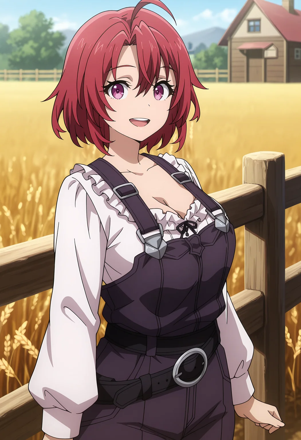 anime screencap, masterpiece, best quality,
<lora:GoblinSlayer_CowGirl_IlluXL:0.9>,
1girl, solo, open mouth, smile, upper teeth only,
short hair, hair between eyes, ahoge, red hair, purple eyes,
pinafore dress, blouse, white shirt, frilled shirt, cleavage, large breasts, long sleeves, suspenders, loose belt, black belt,
standing, looking at viewer, cowboy shot, arms at sides,
blurry background, farm, wooden fence, wheat field, scenery, house, day