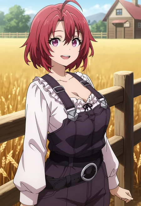 anime screencap, masterpiece, best quality,
<lora:GoblinSlayer_CowGirl_IlluXL:0.9>,
1girl, solo, open mouth, smile, upper teeth only,
short hair, hair between eyes, ahoge, red hair, purple eyes,
pinafore dress, blouse, white shirt, frilled shirt, cleavage, large breasts, long sleeves, suspenders, loose belt, black belt,
standing, looking at viewer, cowboy shot, arms at sides,
blurry background, farm, wooden fence, wheat field, scenery, house, day