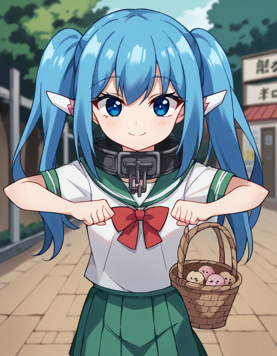 score_9, score_8_up, score_7_up, source_anime, <lora:otoshimono-nymph-s2-ponyxl-lora-nochekaiser:1>, nymph, long hair, blue eyes, twintails, blue hair, collar, chain,, skirt, school uniform, red bowtie, green skirt, short sleeves, white shirt, pleated skirt,, farmers market, fresh produce, local vendors, baskets, sunny day, community, smile, <lora:mochi-mochi-ponyxl-lora-nochekaiser:1>, mochi mochi dance, clenched hands, hands up,, looking at viewer, solo,, dutch angle, cowboy shot