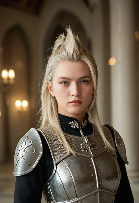 score_9, score_8_up, civitametapunkSDXL, 1girl, solo, light blonde hair, light skin. rating_safe, zPDXLrl,photo,bokeh,film grain,1girl ,solo,glaive \(polearm\), mediun portrait, dutch angle ,armor,indoors,castle, perfect, perfection, perfection style, looking at viewer