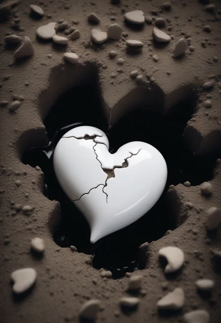 a broken porcelain heart lies on the ground in the mud, a detailed realistic image