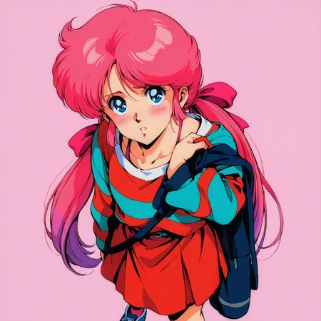 [generated by waiNSFW_v120:100]
anime coloring,  4K, BREAK
<lora:elaine-IL_v1:1>elaine, 1girl, bangs, solo, pink hair, ponytails, 1980s(style), blue eyes, long hair, very long hair, retro art style, gradient hair, BREAK
shirt, BREAK
striped shirts, BREAK
jacket, BREAK
skirts, BREAK
dress, BREAK
hair ribbon, BREAK
shoes,
blush:1.3,
looking up, looking at viewer,BREAK
standing,
beatuiful face, best quality,
<lora:toro_ahe_pony:0.5>
no background,
beautiful face, best quality,