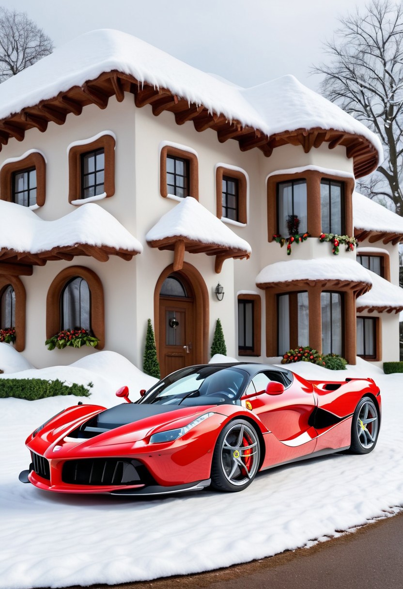 Ferrari laferrari,winter ,in front of house.Christmas<lora:GingerbreadStyle_epoch_10:0.7>