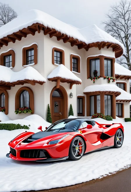 Ferrari laferrari,winter ,in front of house.Christmas<lora:GingerbreadStyle_epoch_10:0.7>