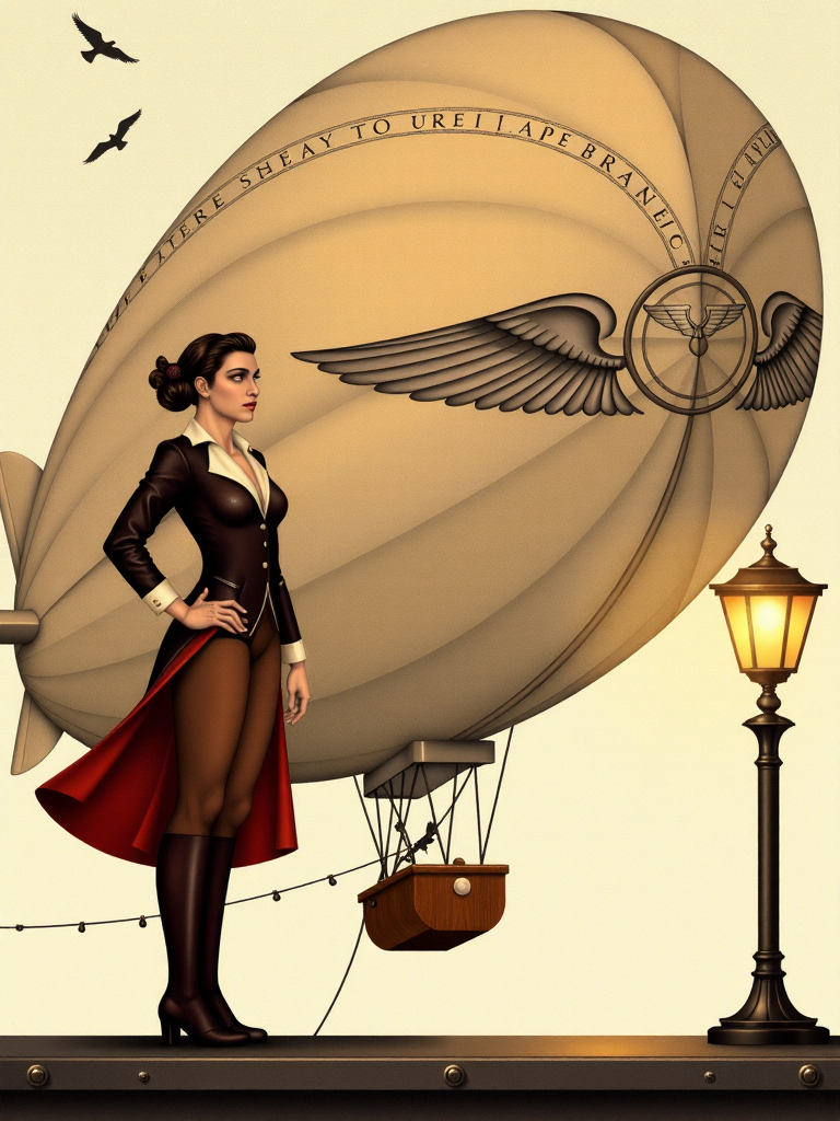 ODOM_art <lora:flux-lora-000006:1>In a steampunk-inspired scene, a close up portrait of a confident female aviator stands on a metal platform,  posing next to a colossal airship intricately designed with vintage motifs. The airship, with its large, fabric envelope, boasts engravings and a prominent wing emblem, set against a soft, pastel background that evokes nostalgia. The lighting is dramatic, emanating from a nearby lamp that casts warm, golden hues, enhancing the atmosphere of adventure and exploration. Birds can be seen flying in the distance, adding motion to the stillness of the airship.