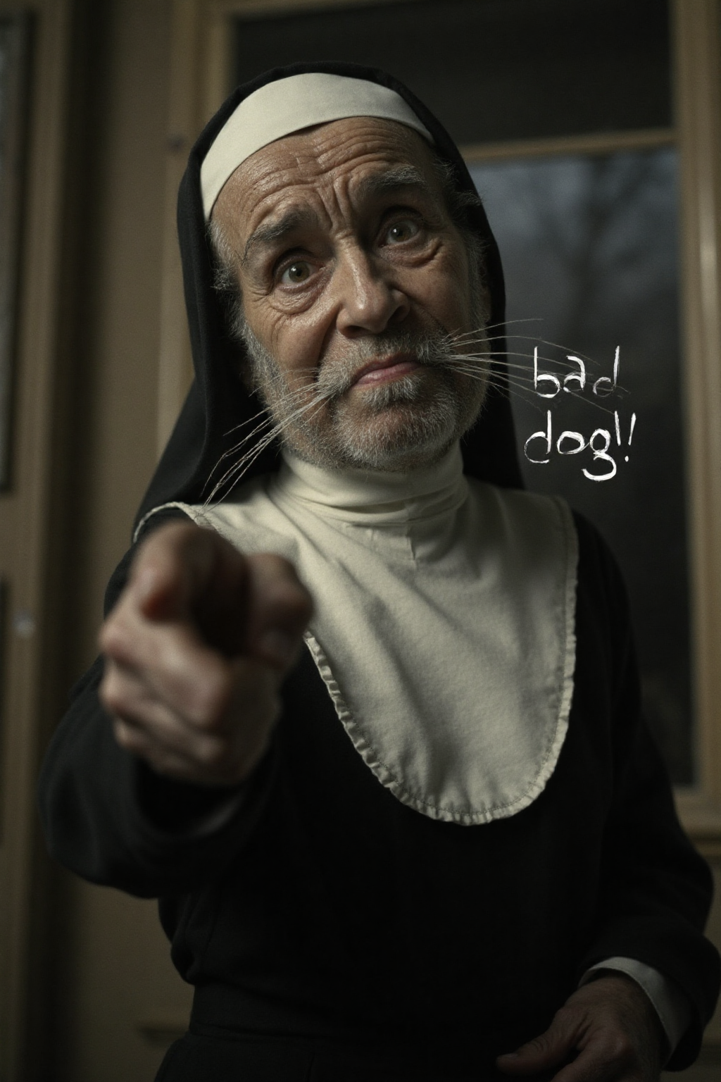 low angle shot, caricature, persnickety old cat nun with disapproving look on her face pointing at the camera, with text that says ‘bad dog!’ cinematic_1940s cinematic_octane