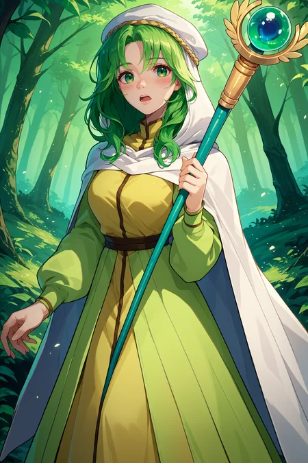 score_9, score_8_up, score_7_up, score_6_up, source_anime, 1girl, solo,<lora:fesafy-pdxl-nvwls-v1-000005:1> safy, green hair, long hair, green eyes, hood, white cloak, green dress, long dress, breasts, holding staff, forest, looking at you, open mouth, blush