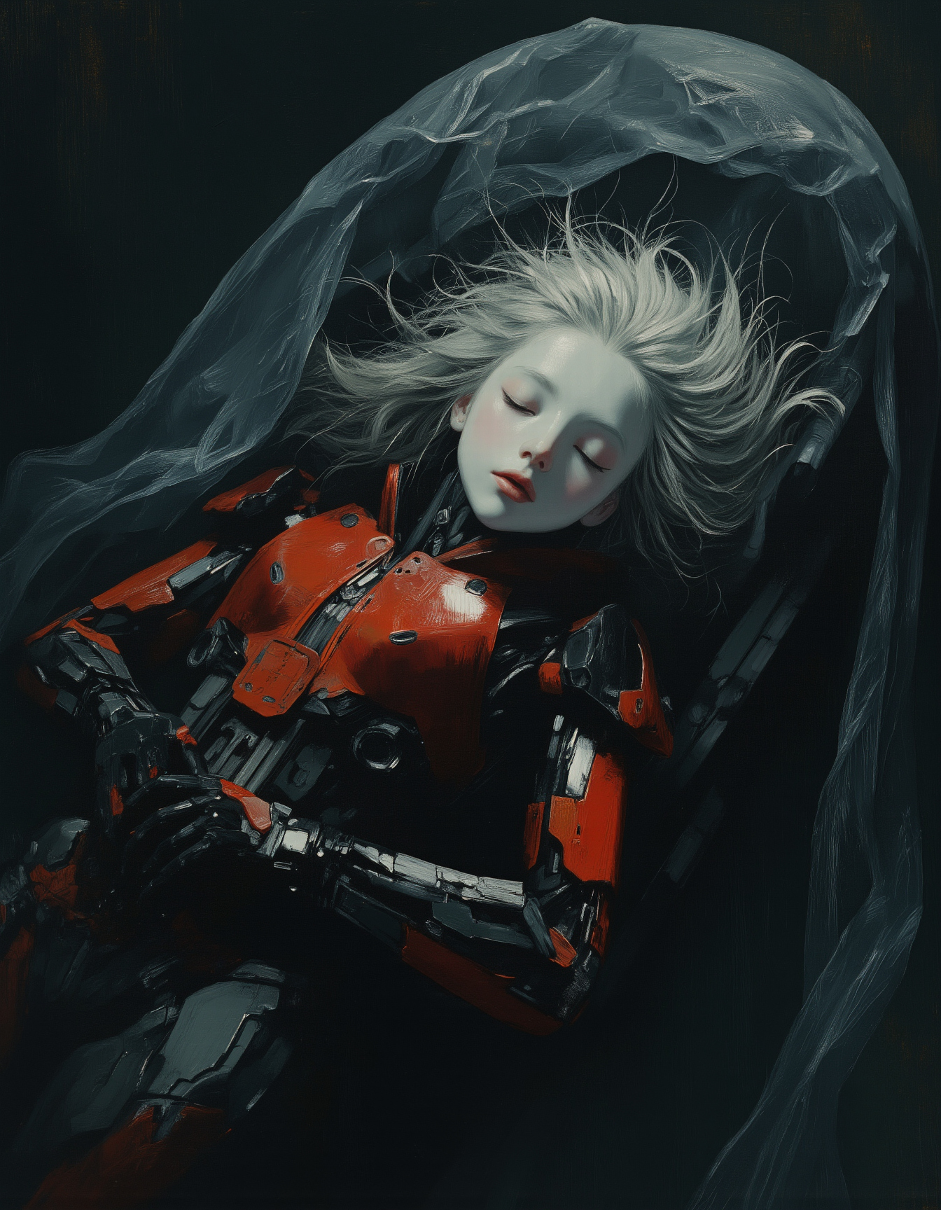 masterpiece, high quality, Oil Painting, Hyper-realistic, tiny tween android robot girl wearing black and red robotic armor, laying in a fetal position, sleeping in a glowing transparent cocoon in a dark ally of a cyberpunk city. The android has luminous, almost ethereal white porcelain skin, closed eyes, a fragile skinny robotic body, and long white hair. She sleeps peacefully i the glowing cocoon, protected from the harsh world outside of the cyberpunk city. Focus on the girl, shadow and light, Masterpiece, intricate lines, intriguing atmosphere, sharp magnificent details, delicate features, elaborate details, (2/3 rule composition:0.5), ultra detailed, romantic, Rembrandt lighting, brush stroke, lovely, del1cate_balance style, novuschroma, in the style of Rembrandt. vantablack <lora:style_of_Rembrandt_FLUX_135:.8> <lora:- Flux1 - vanta_black_V2.0:.6> <lora:Delicate_Balance:.3> <lora:neeeg_f1:-1> <lora:113_novuschromaFLX_1:.3> <lora:Midjourney_Whisper_Minimal:.4> <lora:SCI_FACTOR_COREV2:.9>