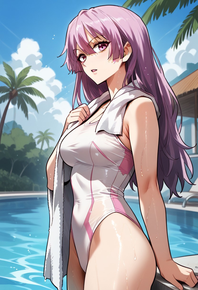 zPDXL3, score_9_up, score_8_up, score_7_up, (Anime_source), 1girl, SuJinyan, pink eyes, lavender hair, long hair, one piece swimsuit, wet, cowboy shot, looking at viewer, parted lips, light blush, palm trees, swimming pool, standing, towel on shoulder, from side