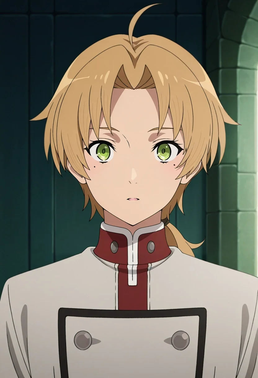 masterpiece, best quality, intricate details, anime screencap, anime coloring, official style, , 1boy, solo, male focus, <lora:rudeus_greyrat_ilxl:0.96>, rudeus_greyrat, blonde hair, green eyes, short hair, bangs, parted bangs, ahoge, mole under eye, low ponytail, ,