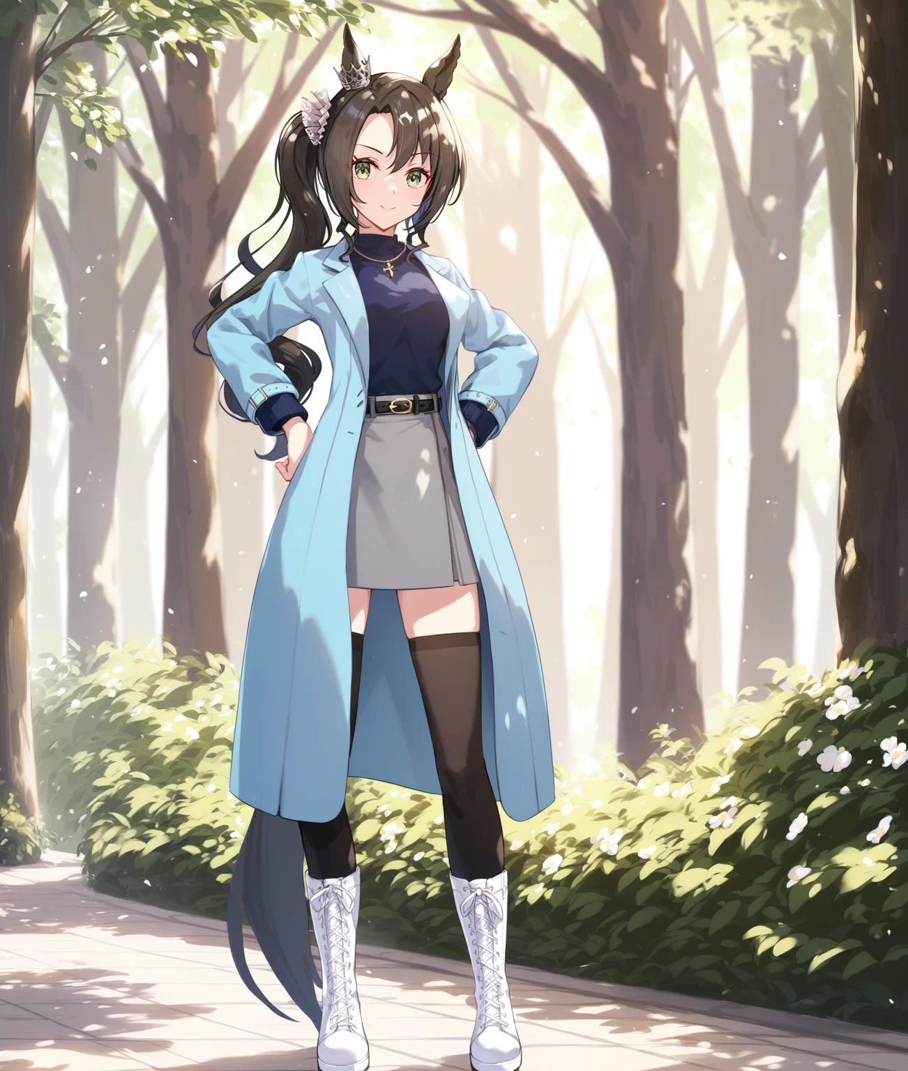 score_9, score_8_up, score_7_up BREAK
casual_clothes, 1girl, solo, long hair, looking at viewer, bangs, skirt, shirt, thighhighs, long sleeves, jewelry, closed mouth, standing, tail, full body, boots, alternate costume, belt, black thighhighs, necklace,, hands on hips, side ponytail, coat, horse ears, horse girl, horse tail, cross-laced footwear, 
five fingers, <lora:satono_crown-ponyXL-000004:1>,