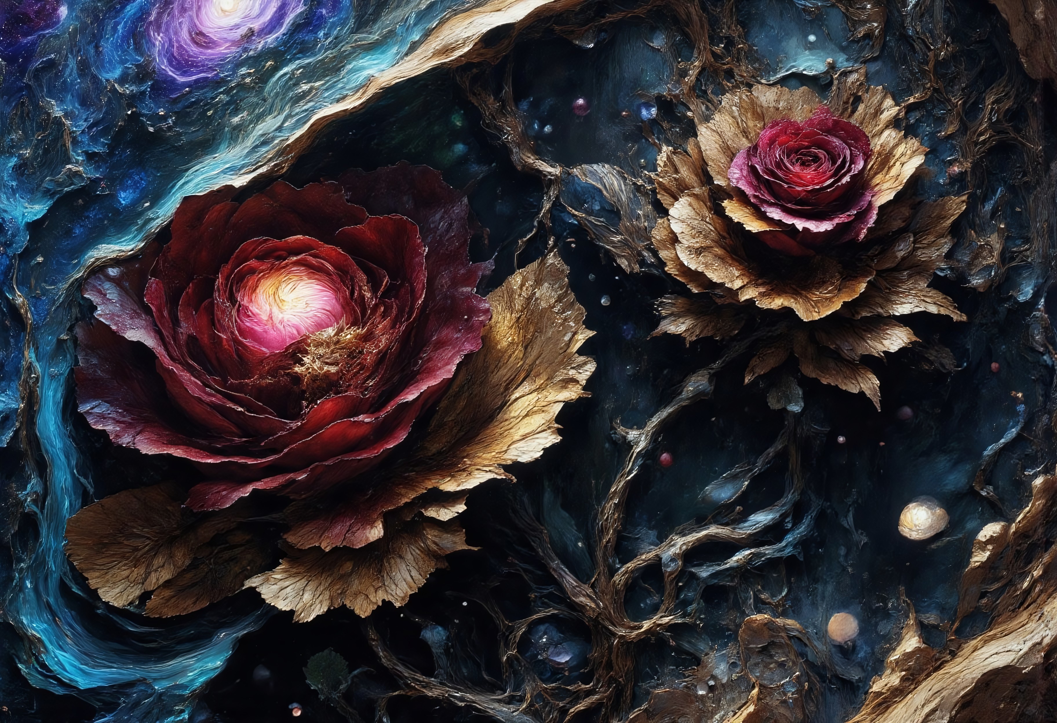 Ultra-realistic 8K resolution, Octane render, Unreal Engine 5 masterpiece, dark academia aesthetic, enchanted glass terrarium containing: two hybrid heliotrope-roses with translucent ruby gemstone petals (vitreous refraction), metallic obsidian stems (bioluminescent vascular system), liquid mercury dewdrops suspended mid-fall, spiral cerulean nebula core emitting plasma tendrils, fractured amber glass veins pulsing with trapped starlight, quantum foam escaping through dimensional cracks, non-Euclidean spacetime geometry, vantablack void background with gravitational lensing distortion, chrono-crystalline lattice framework, volumetric photon mapping event horizon glow, subsurface scattering in petal nanostructures, temporal anomaly causing timeline overlaps, hyperdetailed microbiology under gemstone epidermis, gothic biodigitalpunk style blending Zdzisław Beksiński and Ernst Haeckel, photorealistic macro photography meets celestial cartography, trending on ArtStation --ar 16:9 --v 6.0 --no cartoonish, flat colors, symmetry, human elements