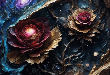 Ultra-realistic 8K resolution, Octane render, Unreal Engine 5 masterpiece, dark academia aesthetic, enchanted glass terrarium containing: two hybrid heliotrope-roses with translucent ruby gemstone petals (vitreous refraction), metallic obsidian stems (bioluminescent vascular system), liquid mercury dewdrops suspended mid-fall, spiral cerulean nebula core emitting plasma tendrils, fractured amber glass veins pulsing with trapped starlight, quantum foam escaping through dimensional cracks, non-Euclidean spacetime geometry, vantablack void background with gravitational lensing distortion, chrono-crystalline lattice framework, volumetric photon mapping event horizon glow, subsurface scattering in petal nanostructures, temporal anomaly causing timeline overlaps, hyperdetailed microbiology under gemstone epidermis, gothic biodigitalpunk style blending Zdzisław Beksiński and Ernst Haeckel, photorealistic macro photography meets celestial cartography, trending on ArtStation --ar 16:9 --v 6.0 --no cartoonish, flat colors, symmetry, human elements
