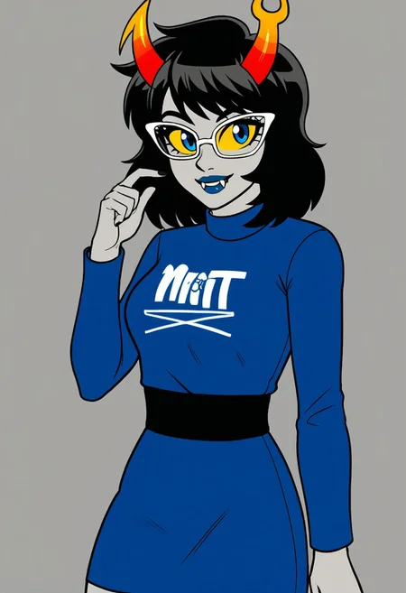 score_5_up, score_4_up, 
BREAK,
1girl, aranea, cute, grey skin, black hair, medium hair, yellow sclera, horns, symbol on shirt, blue lips, fangs, cowboy shot, blue dress, long sleeves, blue eyes, glasses, looking at viewer, scorpio (/symbol/)