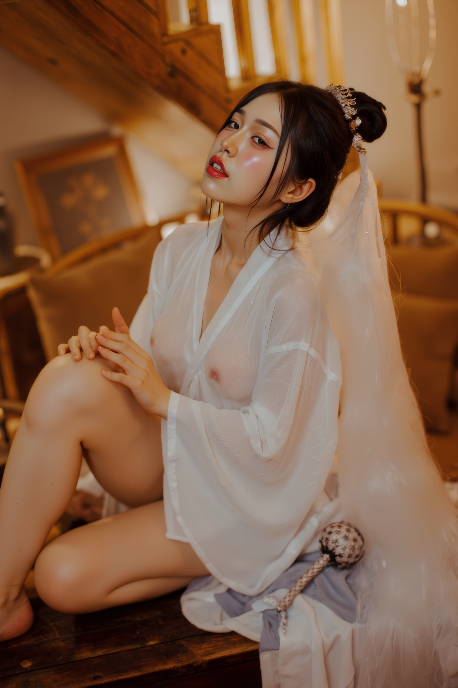 A high-resolution professional photograph of a young woman seated on the floor, leaning back on her hands with her head gently tilted back, creating an elegant, subtle arch through her back. Her legs are slightly parted and relaxed, offering a natural, graceful aesthetic. Soft directional lighting enhances the dramatic yet graceful lines.

She is wearing a white SGWN58Clothing. Her makeup is dramatic, with dark eyeliner and bold, glossy pink lips. 

The lighting features a high-contrast, monochromatic white color scheme that creates a moody, intimate atmosphere. 

The photography technique uses what appears to be soft lighting to create a glamorous effect, with careful attention to highlighting contours while maintaining the dominant light brown color scheme throughout the frame.

The overall aesthetic combines elements of fashion photography, traditional Asian visual motifs, and contemporary boudoir styling. The dramatic light brown lighting creates a cohesive visual theme that ties all elements of the composition together.

The white light emit on her to show her feature.