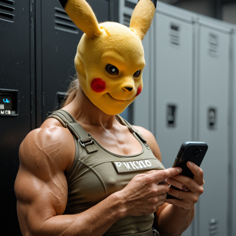 (pikachu mask:2), 1girl, 30yo, woman, blonde, muscular, toned, fit, woman, pajama, clothed:2, (yellow clothes), (tight clothes) <lora:Texting:1> t3xting, texting, phone <lora:PONY Muscle Slider 2 14toomuch LORA:1.5> muscular <lora:XL Dark Chiaroscuro LORA:0.3> <lora:Fant5yP0ny:0.8>, (bulletproof vest) <lora:ILL_pokies_LoRA:0.2> (pokies, 1girl, solo, breasts, covered nipples), (server_hall), hostages, (round breasts)