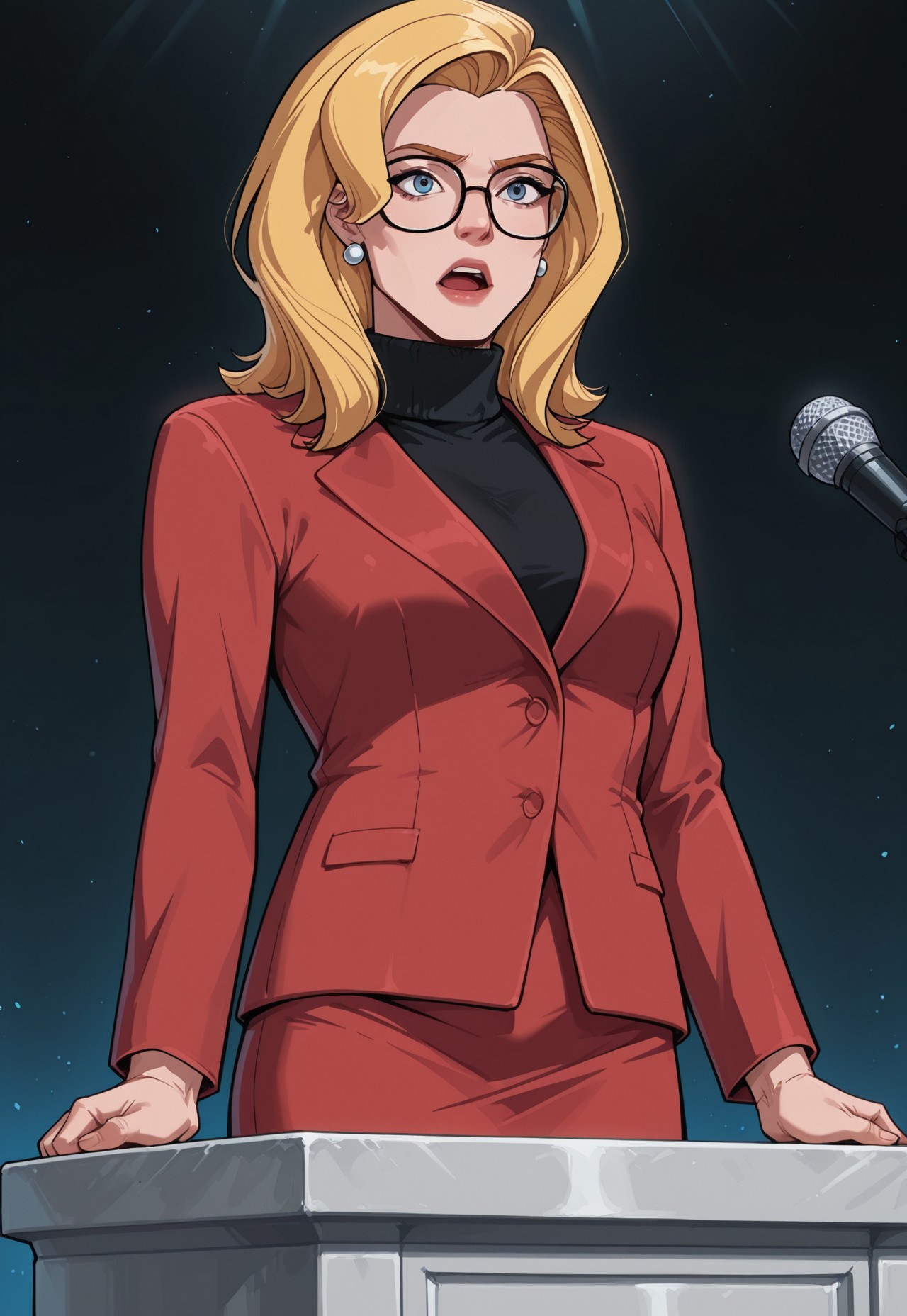 masterpiece, best quality, detailed, realistic, open mouth, 1girl, solo, valco97, blonde hair, blue eyes, glasses, turtleneck, formal, red suit, red skirt, earrings, podium, microphone, 