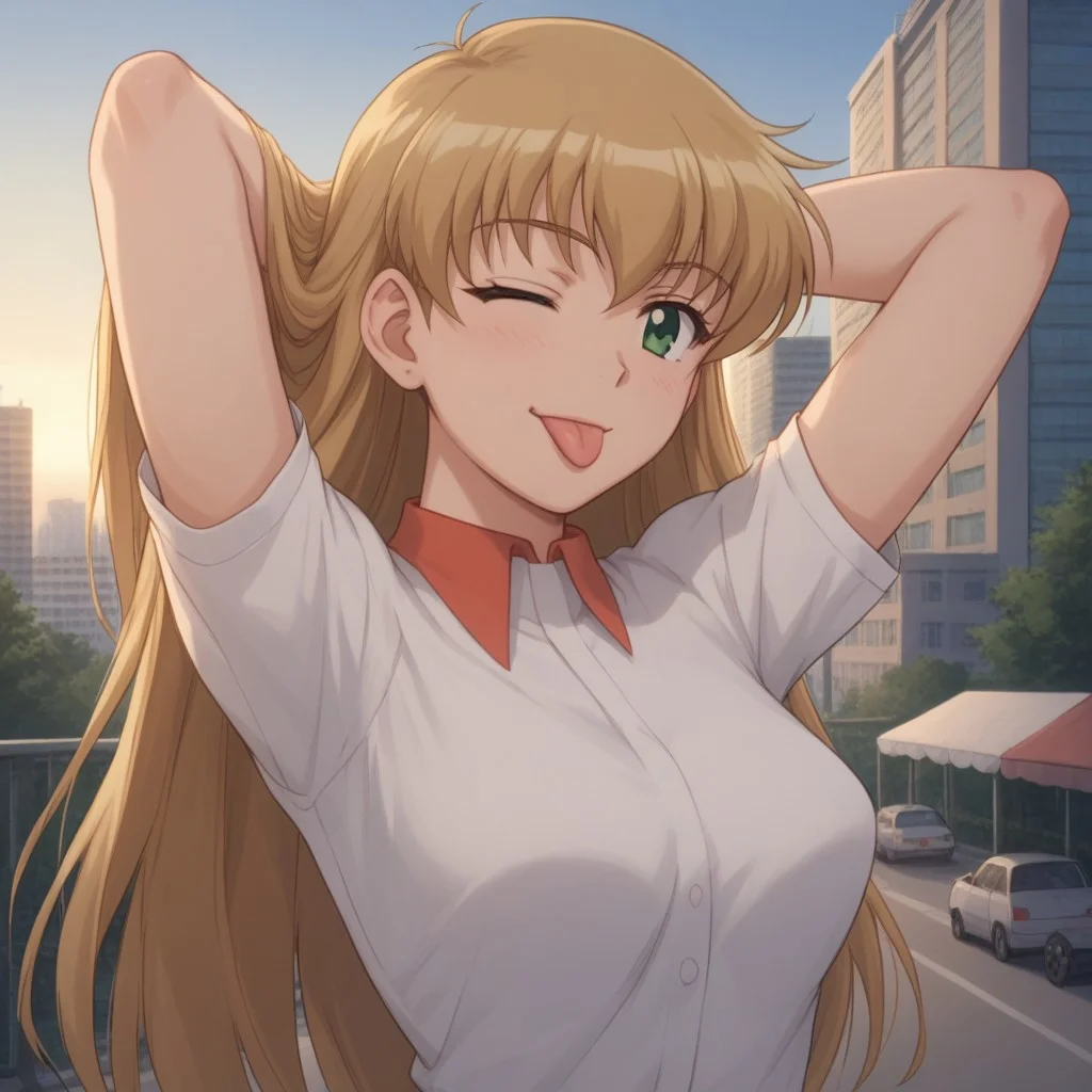 score_8, score_9, break, tina_aya, long hair, blonde hair, green eyes, outdoors, city, hands behind head, one eye closed, tongue, natural lighting
