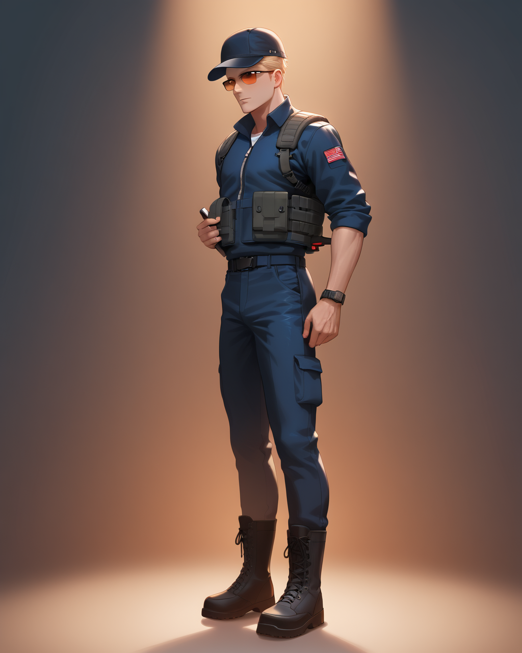 PonyScores7, source_anime, ah1, best quality, (masterpiece:1.4), (high quality:1.4), sharp focus, 4k, absurd resolution, <lora:albertwesker-guy-PONYv1:0.8> albertwesker, albert wesker, 1boy,  blonde, (sunglasses:1.3), looking at viewer, toned, athletic, fit, slicked back hair, mature male, short hair, (corrupt food safety officer, official uniform with a pocket full of bribes), (Tactical camo outfit with combat vest, skirt, tactical cap, combat boots, equipped with a flashlight), bad-hands-5, <lora:xl_more_art-full_v1:0.2>, <lora:shinyskin2:0.2> glistening skin, <lora:aesthetic_anime_v1s:0.2>, <lora:Expressive_H:0.2> Expressiveh, <lora:hairdetailpxl:0.2> hairdetailpxl, <lora:detailxl:0.2> detailxl, (focused, intense glare), short hair, (reddish orange eyes, slit pupils), best quality, amazing quality, best aesthetic, absurdres, <lora:expressive eyes:0.2> expressive eyes, <lora:eyedetailpxl:0.2> eyedetailpxl, illustration, Volumetric_Lighting, ultra-detailed, very aesthetic, intricate details, 8k, masterpiece, best_quality, (angular face, sharp_featured face), <lora:Eyes_High_Definition:0.2> EyesHD, handsome, charming, alluring, AS-MidAged, ((full body)),