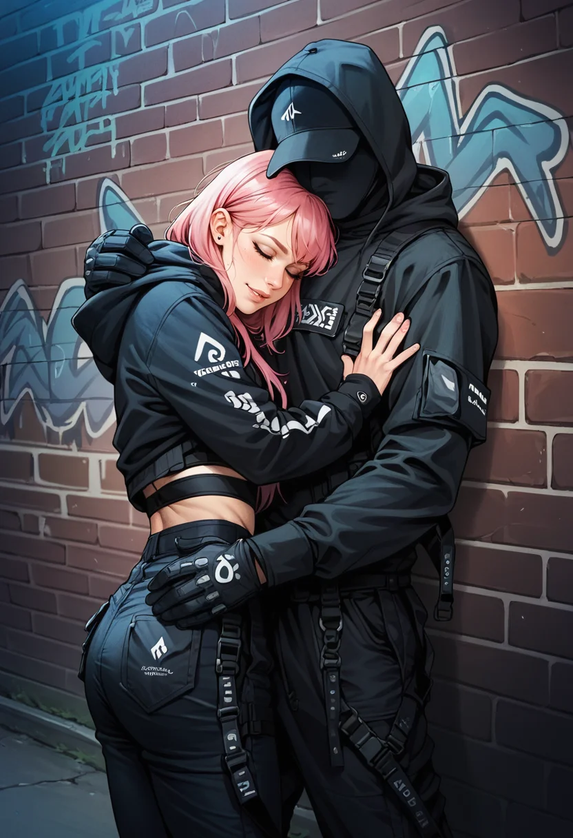 (score_9, score_8_up), score_7_up, zPDXL, dark_techwear, 1girl, cutout shirt, bra, pink hair, cowboy shot, hugging, embracing, gloves, long sleeves, 1boy, jacket, black gloves, pants, hood, black jacket, black pants, dark background, dark theme, graffiti, <lora:dark_techwear-000016:0.9>