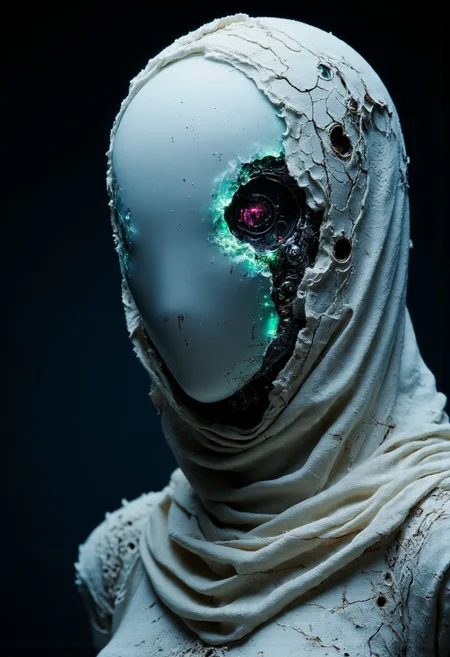 The artwork is a high-quality digital piece, portraying a SentinelBot—a cyborg Bedouin with an exquisitely delicate design. The composition focuses on an upper-body close-up, showcasing the captivating blend of artificial aesthetics and aged, intricate technology.
The SentinelBot's skin is a smooth, porcelain-like synthetic material with a faint, opalescent sheen, marred by subtle cracks and wear that hint at decades of use. Metallic joints and exposed mechanisms peek through the worn surface, revealing a complex inner structure of filigree-like circuits and finely machined components. Her face is partially hidden beneath a flowing hood of lightweight, woven fabric, its edges frayed by time.
Her attire reflects a fusion of traditional Bedouin influences and futuristic design with deep, glowing hues of cobalt blue, amethyst, and emerald green, evoking the vastness of a starlit desert night.
The contrast between the SentinelBot’s aged elegance and the vivid energy of the setting creates a mesmerizing interplay of light and shadow, emphasizing her mysterious and enduring presence.