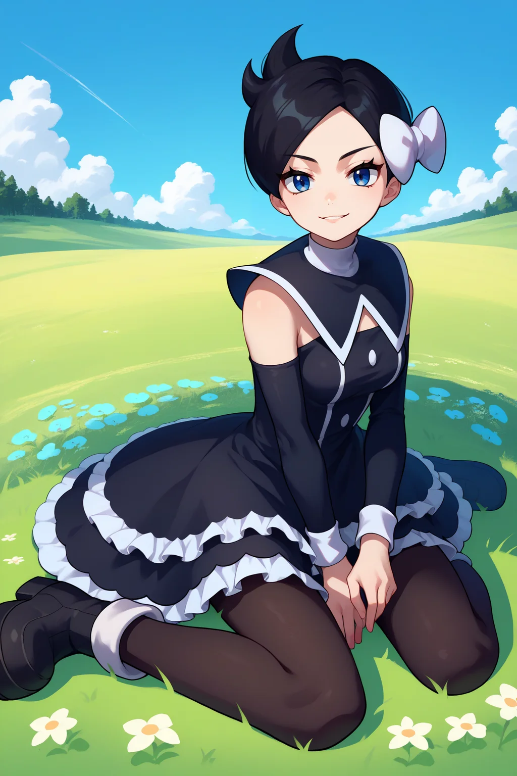 score_9, score_8_up, score_7_up, score_6_up, source_anime, 1girl, solo, <lora:pkmnmarley-pdxl-nvwls-v1-000006:1> pmMly, black hair, short hair, blue eyes, hair bow, white bow, black dress, clothing cutout, frilled dress, sleeveless, detached sleeves, black pantyhose, blue sky, field, medium breasts, sitting, black boots, looking at you, smirk, meadow, blue sky, trees
