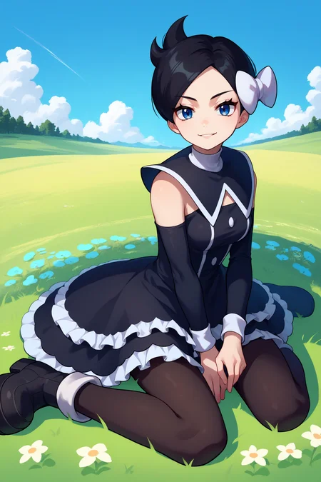 score_9, score_8_up, score_7_up, score_6_up, source_anime, 1girl, solo, <lora:pkmnmarley-pdxl-nvwls-v1-000006:1> pmMly, black hair, short hair, blue eyes, hair bow, white bow, black dress, clothing cutout, frilled dress, sleeveless, detached sleeves, black pantyhose, blue sky, field, medium breasts, sitting, black boots, looking at you, smirk, meadow, blue sky, trees