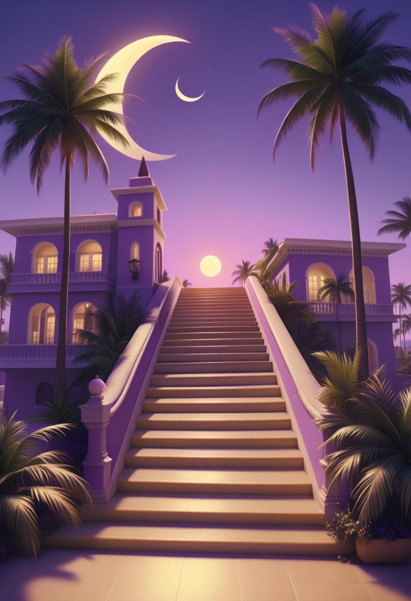 masterpiece, absurdres, best quality, Versabg, tree, no humans, palm tree, crescent moon, outdoors, scenery, moon, sky, building, night, purple sky, lamppost, shadow, stairs, sunset, realistic, ultra HD photography, kodak ektar