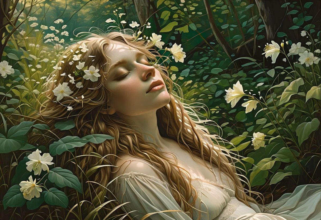 masterpiece by Aubrey Beardsley, enchanting fragile dryad basking in a sunlight in a lush rainforest, face up, covered by leaves and vines, long flowing hair intertwined with tall grass and bright flowers, captivating teal eyes, long emerald eyelashes, delicate feminine features, ethereal and mystical expression, mesmerizing, inspiring, OverallDetailXL, ral-armdszn