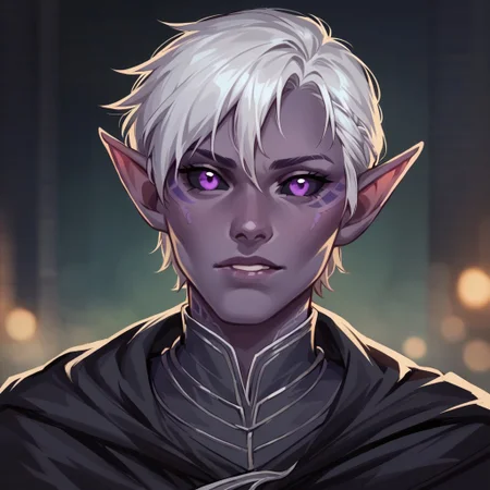 (((detailed, beautiful, high quality))), score_9, score_8_up, score_7_up, upper body,
drow, dark elf, pointed ears,
1 male, purple eyes, black sclera, gray hair, short hair, gray purple skin, light elf tattoos, black cape, gray shirt,
looking at the viewer, posing,
blurred background, fantasy background, dark background,