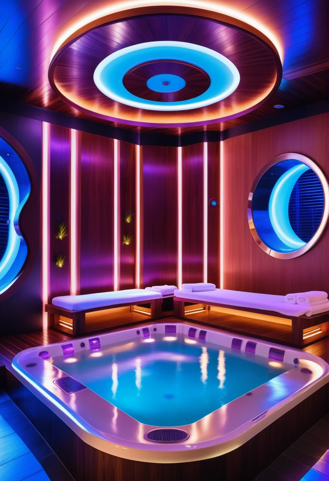 masterpiece, high quality,, a reij spa room, neon color and ambient neon light, bark wood details, pool <lora:reij-neonelegance:0.7>