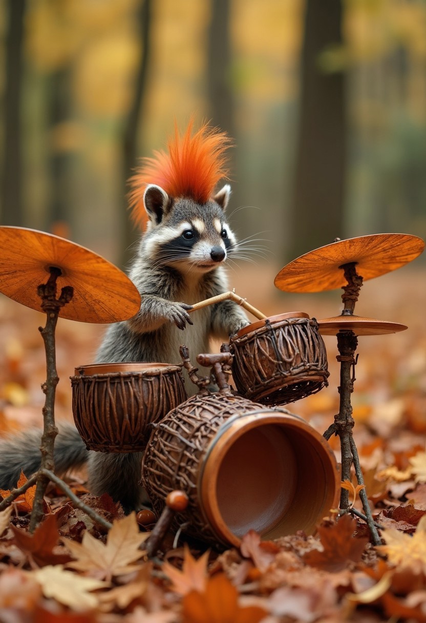 A professional photograph of a racoon with a fiery red mohawk, energetically playing a whimsical drum set in a vibrant autumn forest. The drum kit is entirely imagined, with bass drums made from hollowed, oversized chestnuts that have been polished to a gleaming finish. The snare drum is crafted from a woven basket of intertwined twigs and leaves, producing a crisp, earthy sound. Cymbals are formed from large, dry maple leaves, their edges curled and textured, hanging on thin branch stands. Smaller acorns serve as tom-toms, and the hi-hat is composed of overlapping oak leaves, delicately stacked on a twig frame. Every element of the drum set is organic, blending seamlessly into the forest floor, which is blanketed in a rich layer of autumn leaves, as the squirrel’s paws expertly tap the instruments, filling the scene with the imagined rhythm of nature