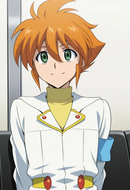 Yu_tendo,1boy,solo,orange hair,short hair,green eyes,male focus,white jacket,long sleeves,turtleneck sweather,upper body,smile