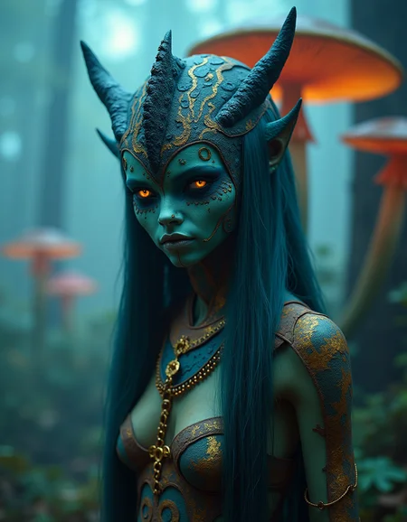 mysterious scifi cinematic still of 20 years old tribal alien woman on a alien planet, scifi, (alien woman:1.2),colorful skin, spores, bioluminescence, giant mushrooms, snake eyes, crest, tentacles, mist, mysterious glimmering outfit, peeking at viewer intensly,