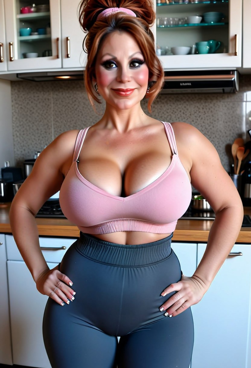Voluptuous, attractive, 40 year old Kitten Navidad, auburn bouffant, mascara, big nose, eyeliner, huge eye-lashes, double-chin, naughty smile 
tight yoga pants, huge bare tits,
standing in kitchen,  close-up 
<lora:Navidad:1>