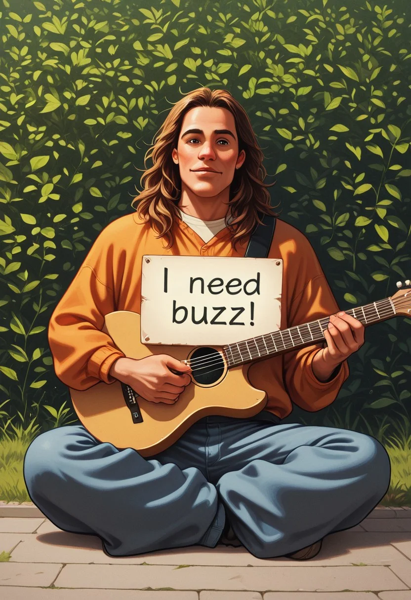 need_buzz, holding sign, ((panel with message "I NEED BUZZ, PLEASE")), 1boy, sitting on floor, playing a guitar, hippie clothes, park background, looking at viewers, panel in front of boy