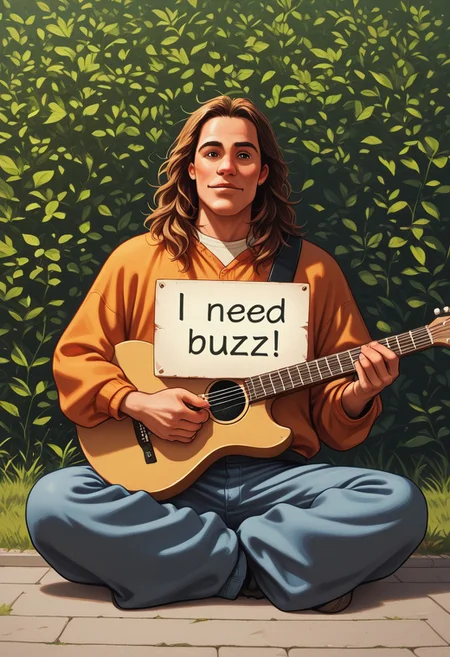need_buzz, holding sign, ((panel with message "I NEED BUZZ, PLEASE")), 1boy, sitting on floor, playing a guitar, hippie clothes, park background, looking at viewers, panel in front of boy