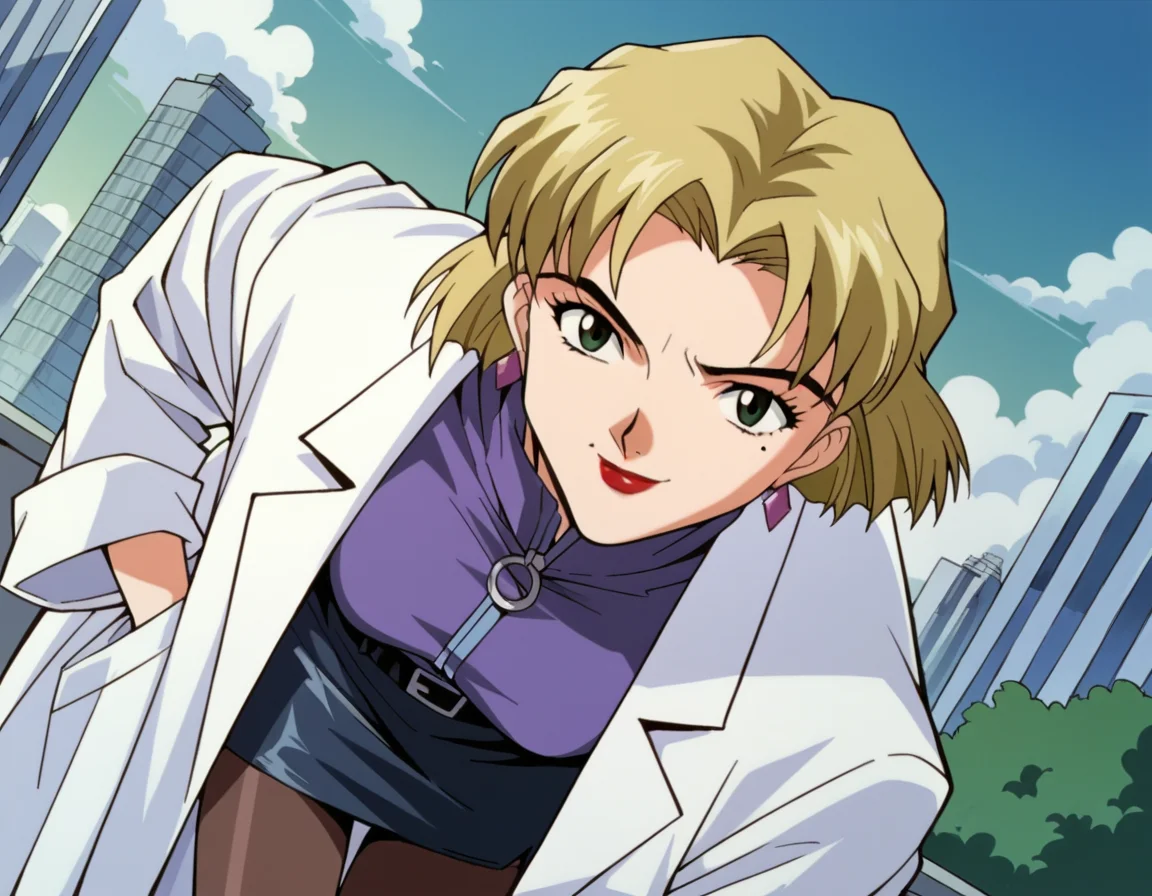 score_9, score_8_up, score_7_up, source_anime,
ritsukoakagi, <lora:ritsuko-akagi-classic-ponyxl-lora-nochekaiser:1>,
ritsuko akagi, short hair, blonde hair, mole, mole under eye, parted bangs, green eyes,
lipstick, skirt, jewelry, pantyhose, earrings, belt, pencil skirt, labcoat, shirt, purple shirt, turtleneck, zipper,
cityscape, bent over, smile,
cowboy shot, looking at viewer, solo, dutch angle,