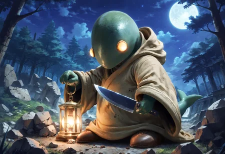 score_9,score_8_up,score_7_up,super detailed,extreme detailed,full_body,zPDXL,source anime,nature,night,forest,rubble_ruins BREAK no humans,<lora:Pony_DetailV2.0:1> BREAK tonberry,holding knife,holding lantern,hood,robe,<lora:tonberry:1>,looking at viewer,fighting stance,glowing eyes,