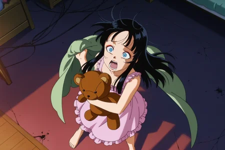 anime screencap, absurdres, high quality, official style,
agent mai, 1girl, solo, long hair, open mouth, black hair, barefoot, bedroom, stuffed toy, holding blanket, stuffed animal, holding teddy bear, sleeveless dress, screaming, scared, pink dress, raised eyebrows, messy hair, red eyeliner, from above, destruction, frilled dress, frills, big forehead, dappled moonlight, red hue, blue eyes,
<lora:Mai_IL:0.8>