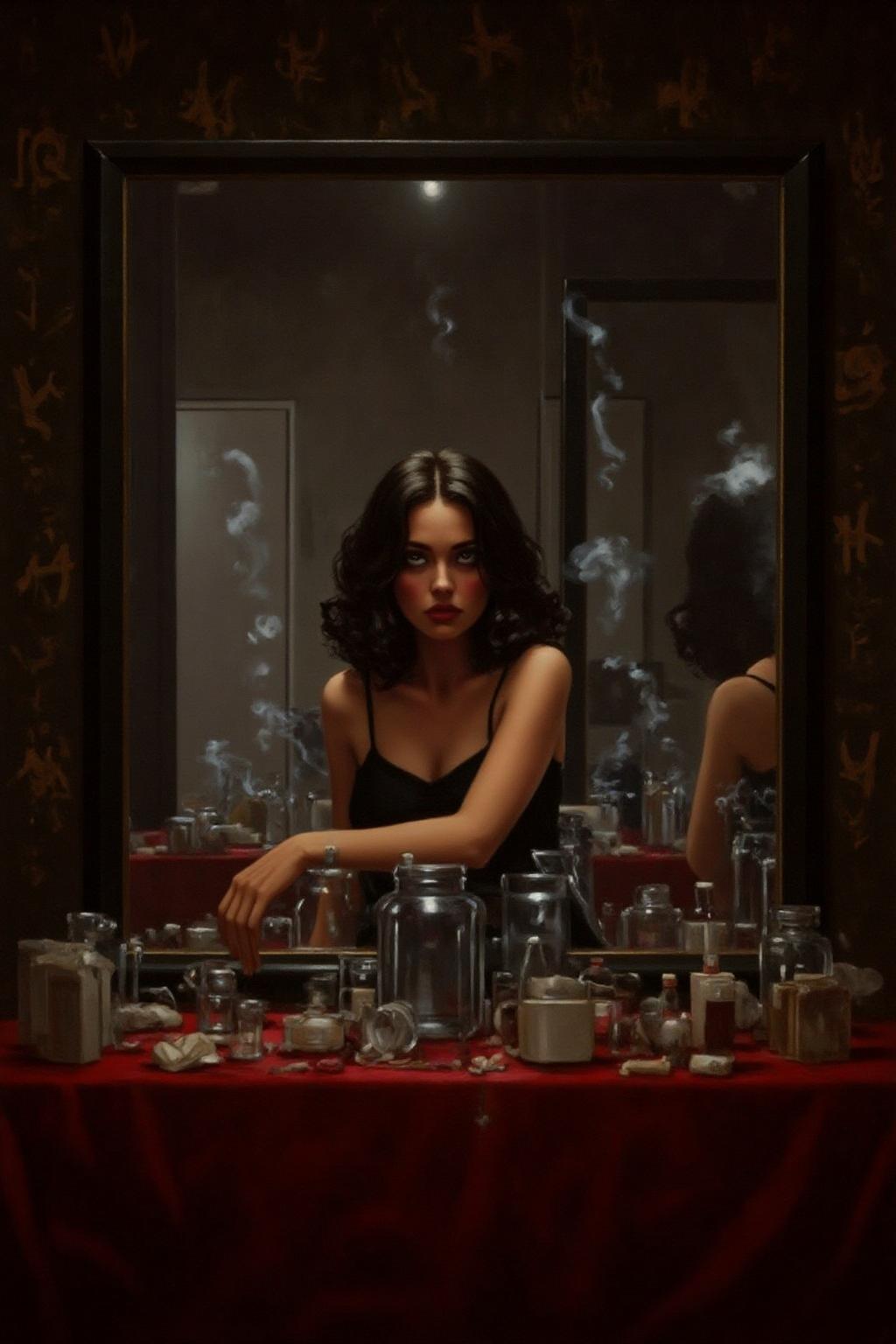 jackvettriano1 painting.
Create a cinematic, surreal portrait of a woman seated at a cluttered red table, surrounded by mirrored reflections of herself. She wears intense red eye makeup that accentuates her expressive gaze. The scene is filled with translucent glass cups, pill containers, and small bottles, all creating an eclectic and moody atmosphere. Smoke rises around her, adding a dreamlike quality, while a wallpaper of hand-drawn symbols or calligraphy fills the background. The lighting is muted and soft, emphasizing a reflective and introspective mood with a retro, film-noir style  <lora:jackvettriano1_cap_d8a4e12:1.0><lora:851810372552797196:0>