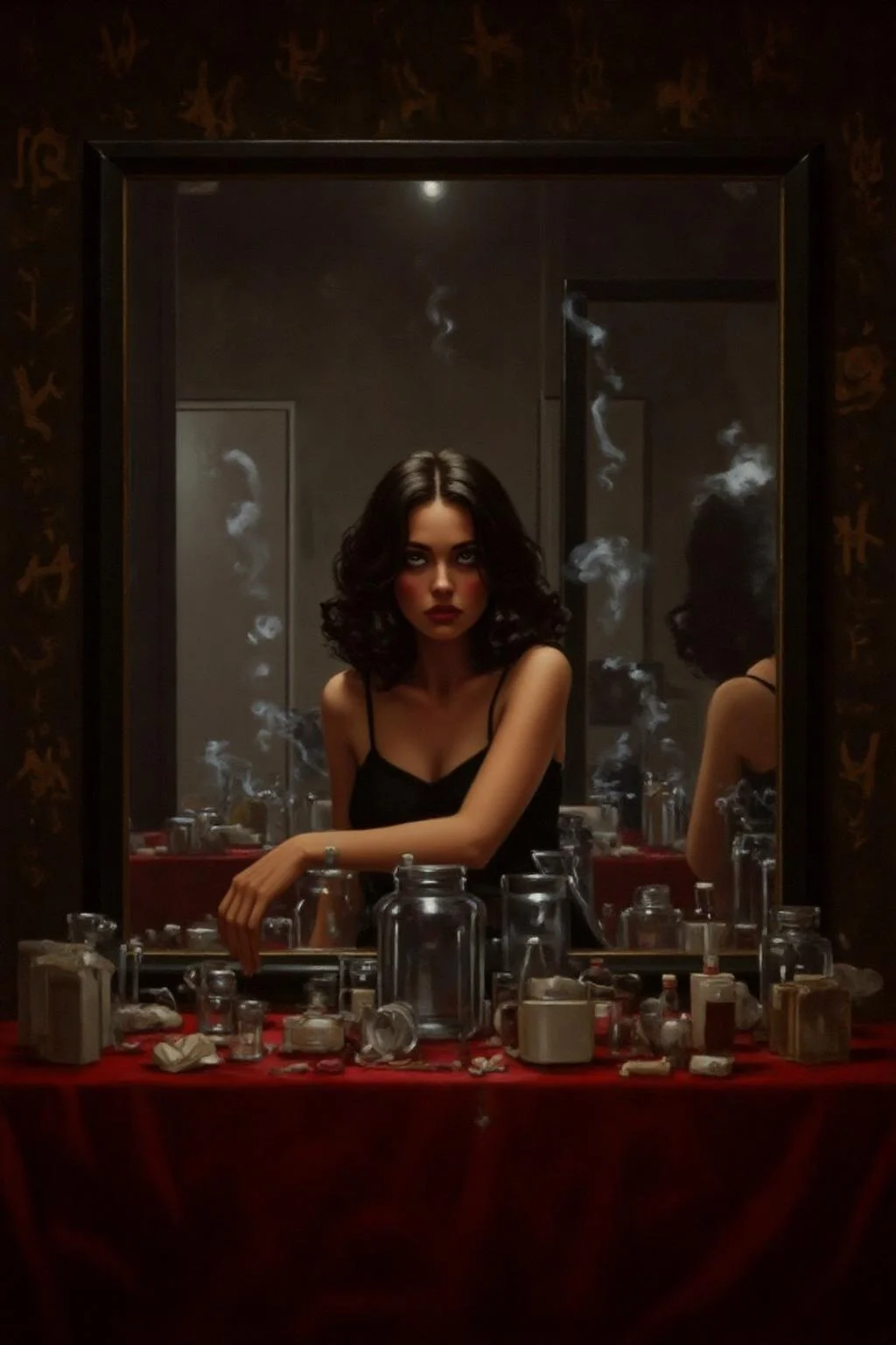 jackvettriano1 painting.
Create a cinematic, surreal portrait of a woman seated at a cluttered red table, surrounded by mirrored reflections of herself. She wears intense red eye makeup that accentuates her expressive gaze. The scene is filled with translucent glass cups, pill containers, and small bottles, all creating an eclectic and moody atmosphere. Smoke rises around her, adding a dreamlike quality, while a wallpaper of hand-drawn symbols or calligraphy fills the background. The lighting is muted and soft, emphasizing a reflective and introspective mood with a retro, film-noir style <lora:jackvettriano1_cap_d8a4e12:1.0><lora:851810372552797196:0>