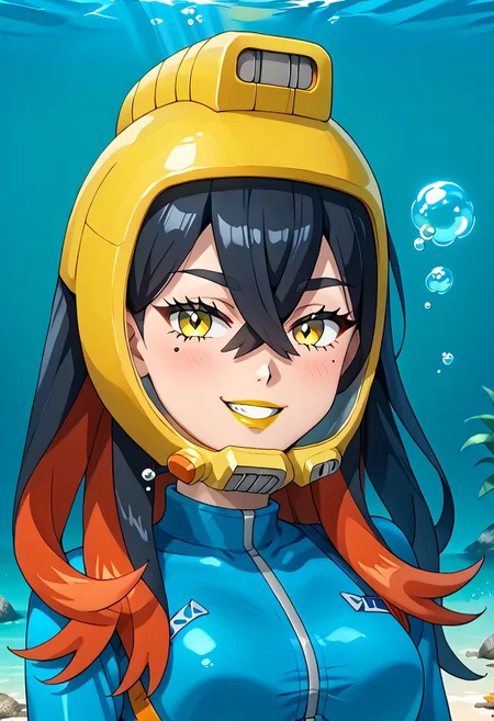 PokemonStyle, pokemon \(anime\), full body,solo female, score_9, score_8, score_7, score_6_up, source_anime, anime coloring, anime screencap, official art,
BREAK full body, 1girl, black hair, colored inner hair, crossed bangs, hair between eyes, hairband, long hair under helmet, mole, mole under eye, multicolored hair, red hair, sidelocks, two-tone hair, yellow eyes, low lipstick only, floating hair, (blue wetsuit), long sleeves, bare legs, beautiful legs, barefoot,
BREAK
(pokemoncarmine wearing (snug fitting, head-sized(yellow diving helmet clamped to face))), (helmet overlapping chin, helmet overlapping cheeks, helmet overlapping jawline, helmet overlapping ears), shiny glass visor:0.5,
BREAK underwater, seafloor, rocks, sea-green background:0.25, sea-green overlay:0.55, seaweed, neck
BREAK blue background:0.25, bubbles, BREAK mask snugly on face, regulator, breathing tube, orange oxygen tank strapped to back, harness tightly on chest, belt, swimmingai, floating, bubbles, looking at viewer, diving, smug, clenched teeth, flustered, vents on helmet,