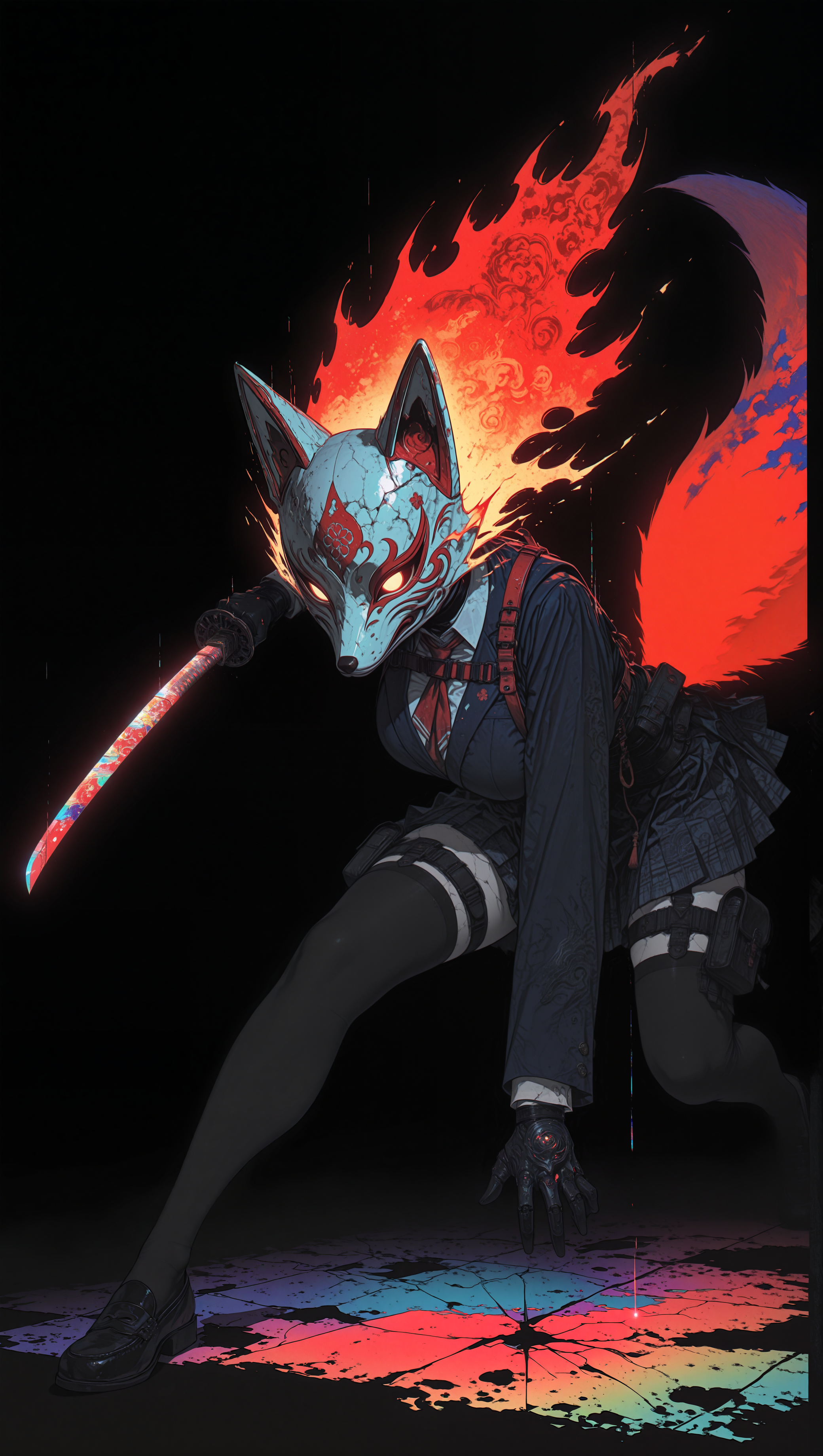 (dynamic compostion:1.2), anime style, masterpiece, best quality, amazing quality, very aesthetic, absurdres, newest, 8K,HDR,absurdres, colorful, 1girl, large breasts, action pose, ultra detailed cracked fox_mask, fox fire, holding one katana, school uniform, harness, thigh pouch, glowing red fox tails, glitch art, virtual, colored shadow, geometry, local color adaptation, hdr, (chromatic aberration, polarized:1.2),