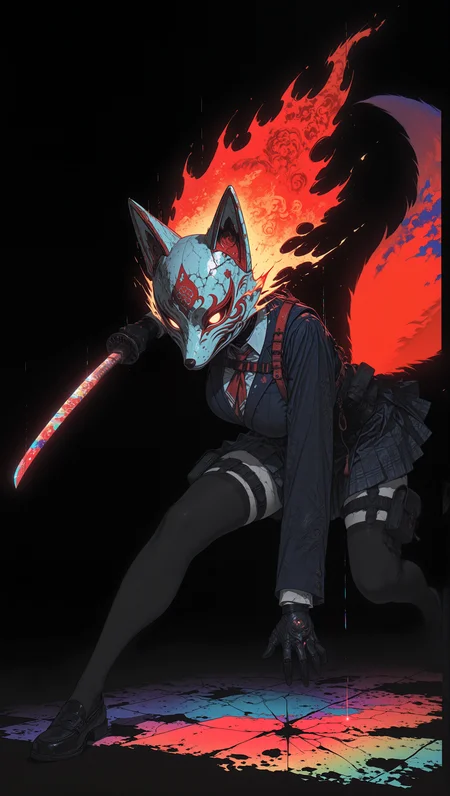 (dynamic compostion:1.2), anime style, masterpiece, best quality, amazing quality, very aesthetic, absurdres, newest, 8K,HDR,absurdres, colorful, 1girl, large breasts, action pose, ultra detailed cracked fox_mask, fox fire, holding one katana, school uniform, harness, thigh pouch, glowing red fox tails, glitch art, virtual, colored shadow, geometry, local color adaptation, hdr, (chromatic aberration, polarized:1.2),