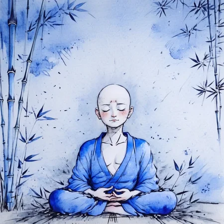 <lora:Blue_Watercolor_DreamscapeSDXL:1> ArsMJStyle, Blue Watercolor Dreamscape, The image is a watercolor sketch of a person sitting in a meditative pose. The person is wearing a blue robe and is sitting on the ground with their legs crossed and their hands resting on their knees. They have a bald head and their eyes are closed as if they are in a state of deep concentration. The background is a light blue color with a few branches and leaves scattered around. The overall mood of the image is peaceful and serene., solo, male focus, sitting, 1boy, closed eyes, bamboo, japanese clothes, indian style, traditional media, nature