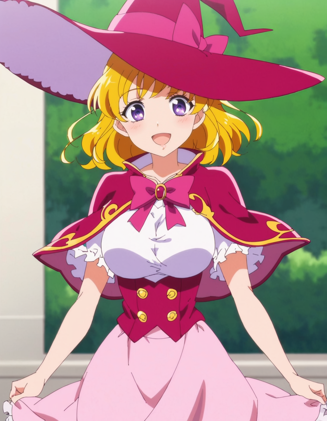 score_9, score_8_up, score_7_up, anime screencap, solo,1girl,asahinamiraimd,school uniform, witch, pink witch hat, pink skirt,frilled skirt,capelet,suspender,purple eyes,blonde hair,smile, looking at viewer,cowboy shot,large breasts ,blush,open mouth<lora:asahinamiraimd:0.8>